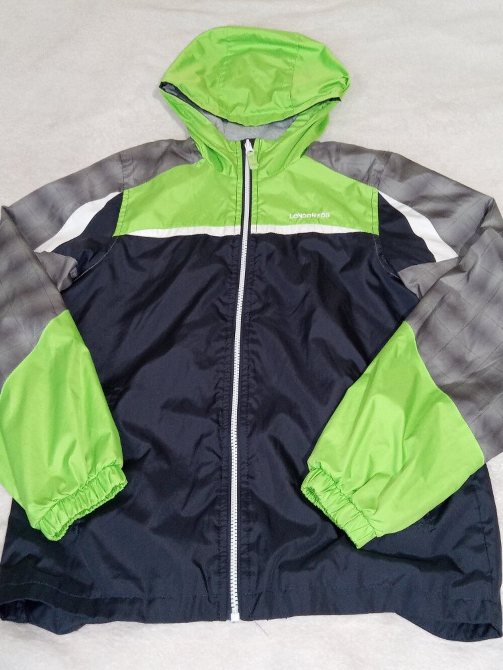 Boys London Fog Windbreaker Jacket L 14/16 Hooded Lightweight Green Gray